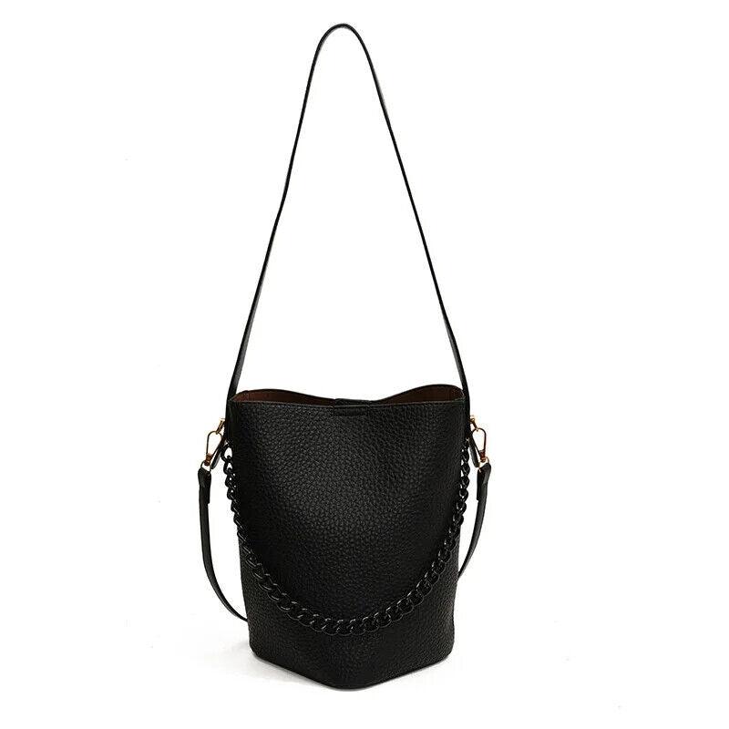 Leather Bucket Bags Small 2 in 1 Snap and Zipper Women's Chain Handle Purses
