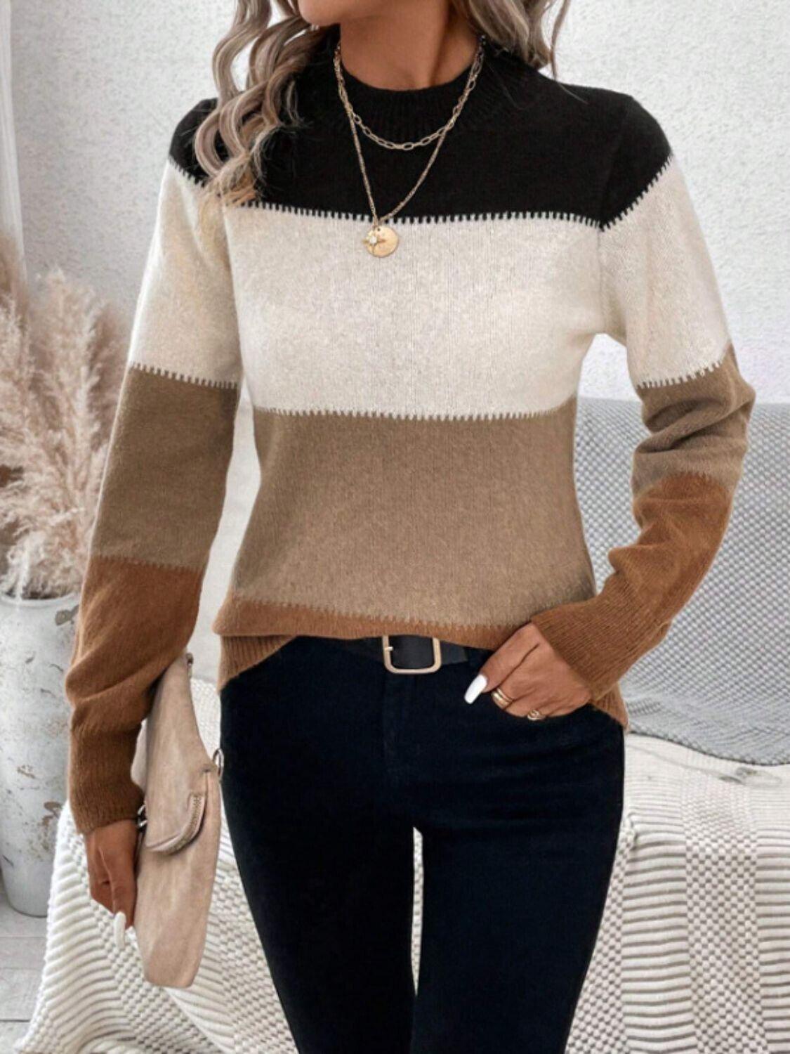 Striped Women Sweater Color Block Mock Neck Long Sleeve Soft Acrylic Pullover 57_7b27bf78-4ece-4e9e-899f-941b939f97ea STYLEINGER