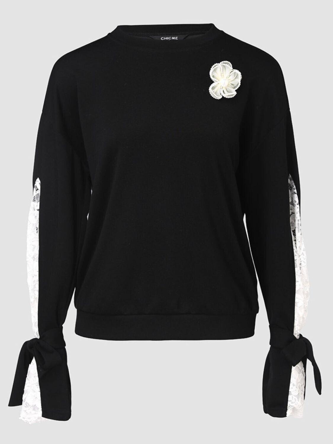 Black Sweatshirt Lace Floral Detail Tied Cuff Long Sleeve Women Fashionable Top