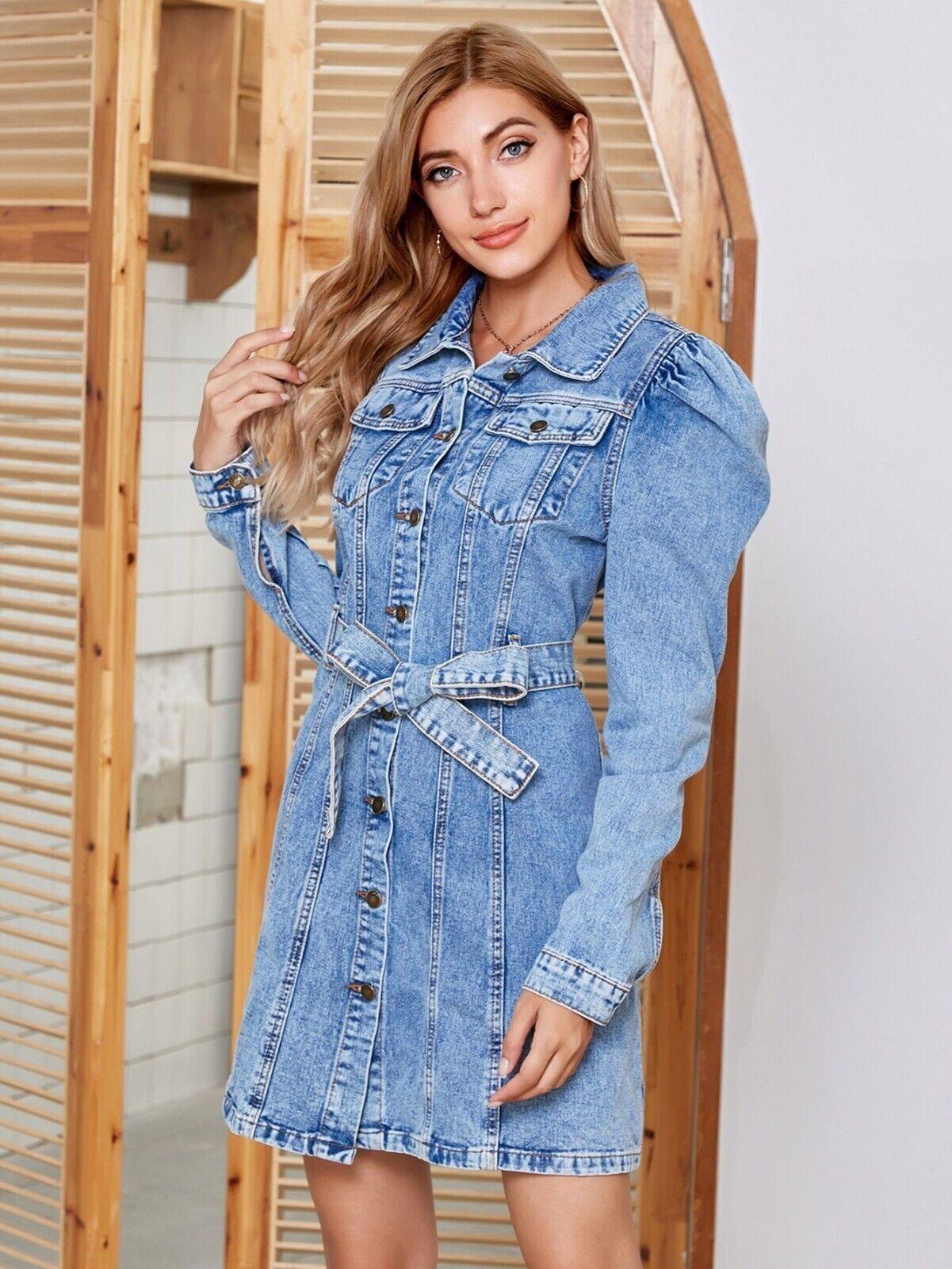 Denim Shirt Dress Tied Button Up Collared Neck Puff Long Sleeve with Belt