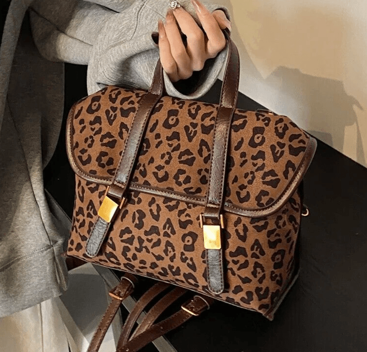 Medium Leather Satchel Bags Flap Snap Women's Leopard Reversible Backpacks