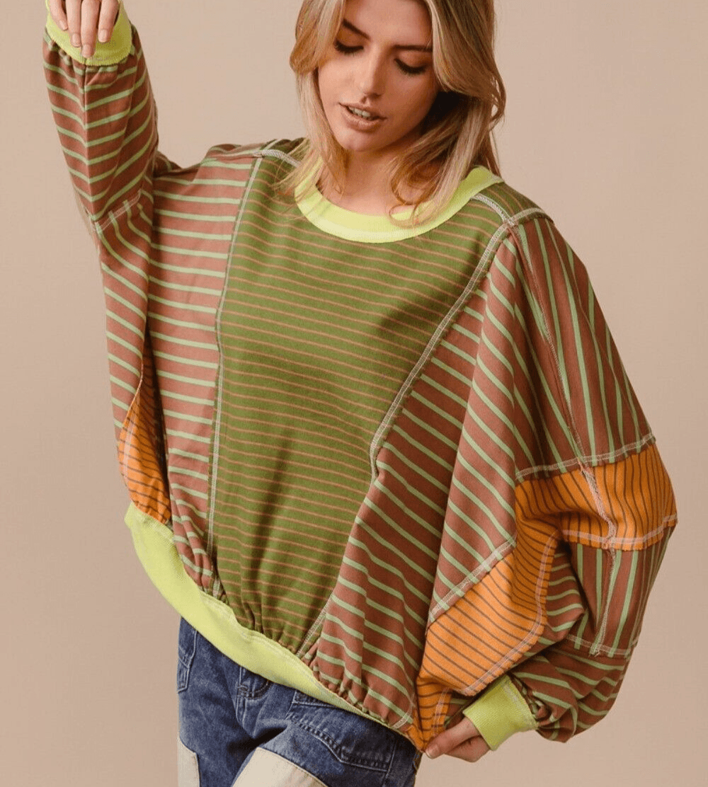 BiBi Sweatshirt Striped Color Block Women Round Neck USA Stock Oversized Top