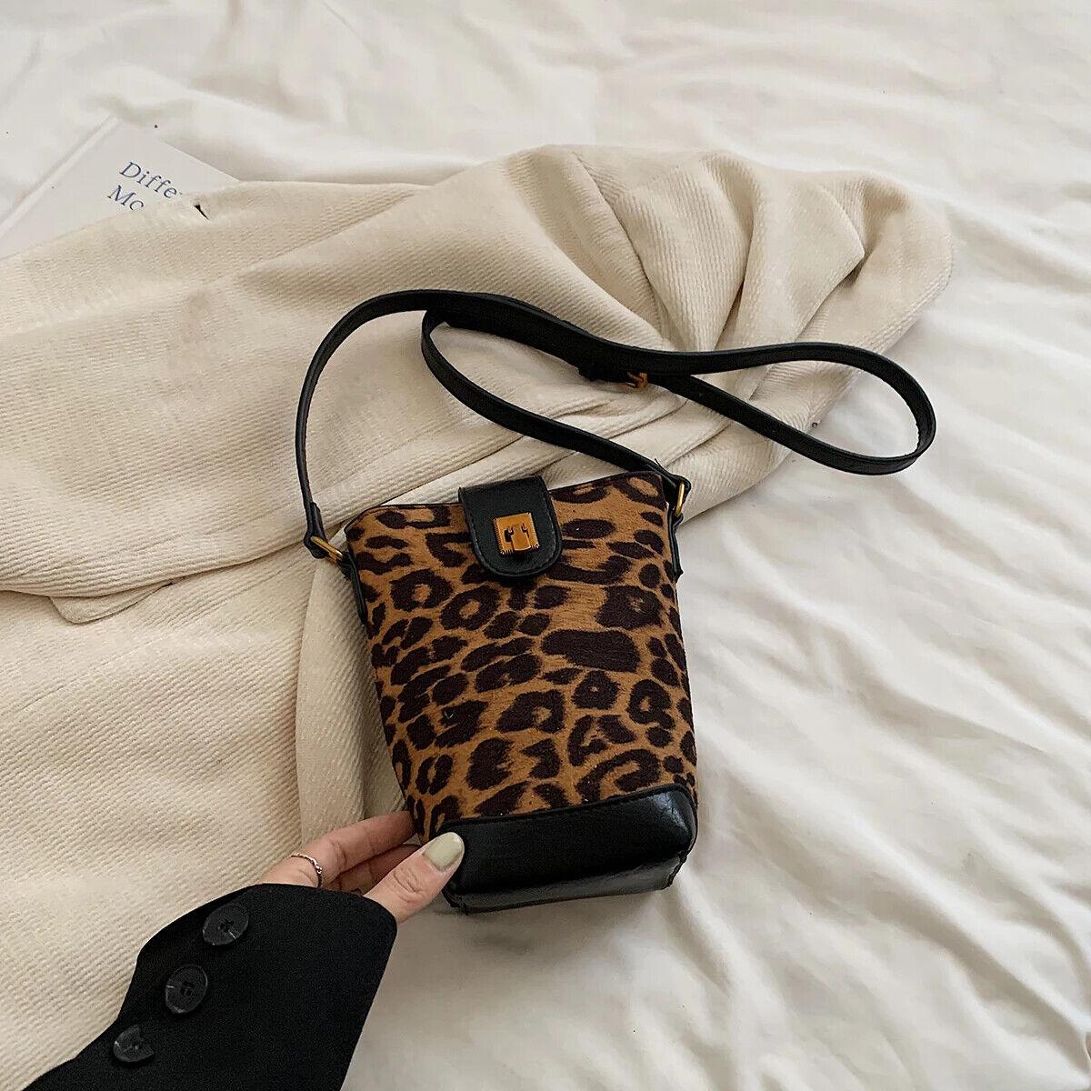 Nubuck Leather Leopard Crossbody Bags Mini Bucket Bag Turn Lock Women's Purses