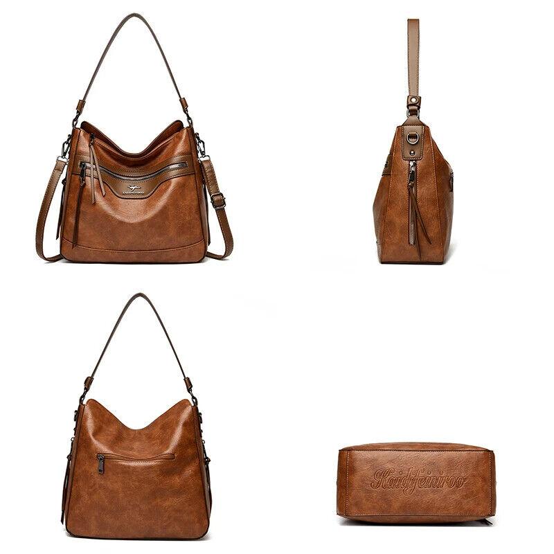 Women's Large Handbag Soft Leather Zipper Pockets Bucket Bags Purses