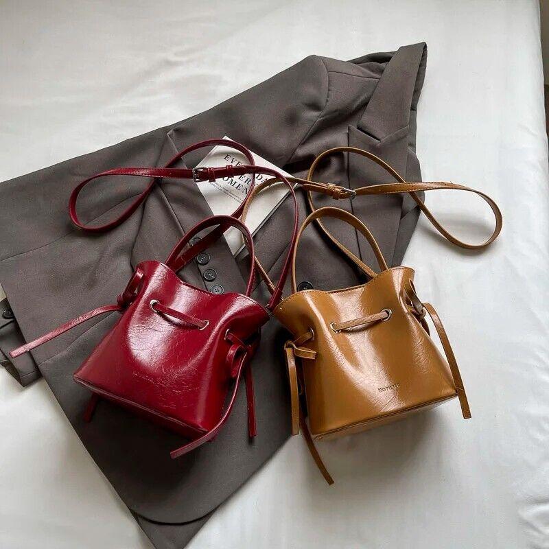 Mini Leather Bucket Bags Soft 2 in 1 Removable Pouch Drawstring Snap Crossbody