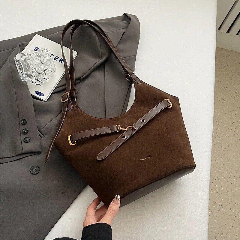 Large Faux Suede Soft Handbags Women's Belt Buckle Style Shoulder Bag Handbags Dark Brown 57_85af700b-4426-46fd-b72e-3074c0d2d60e STYLEINGER