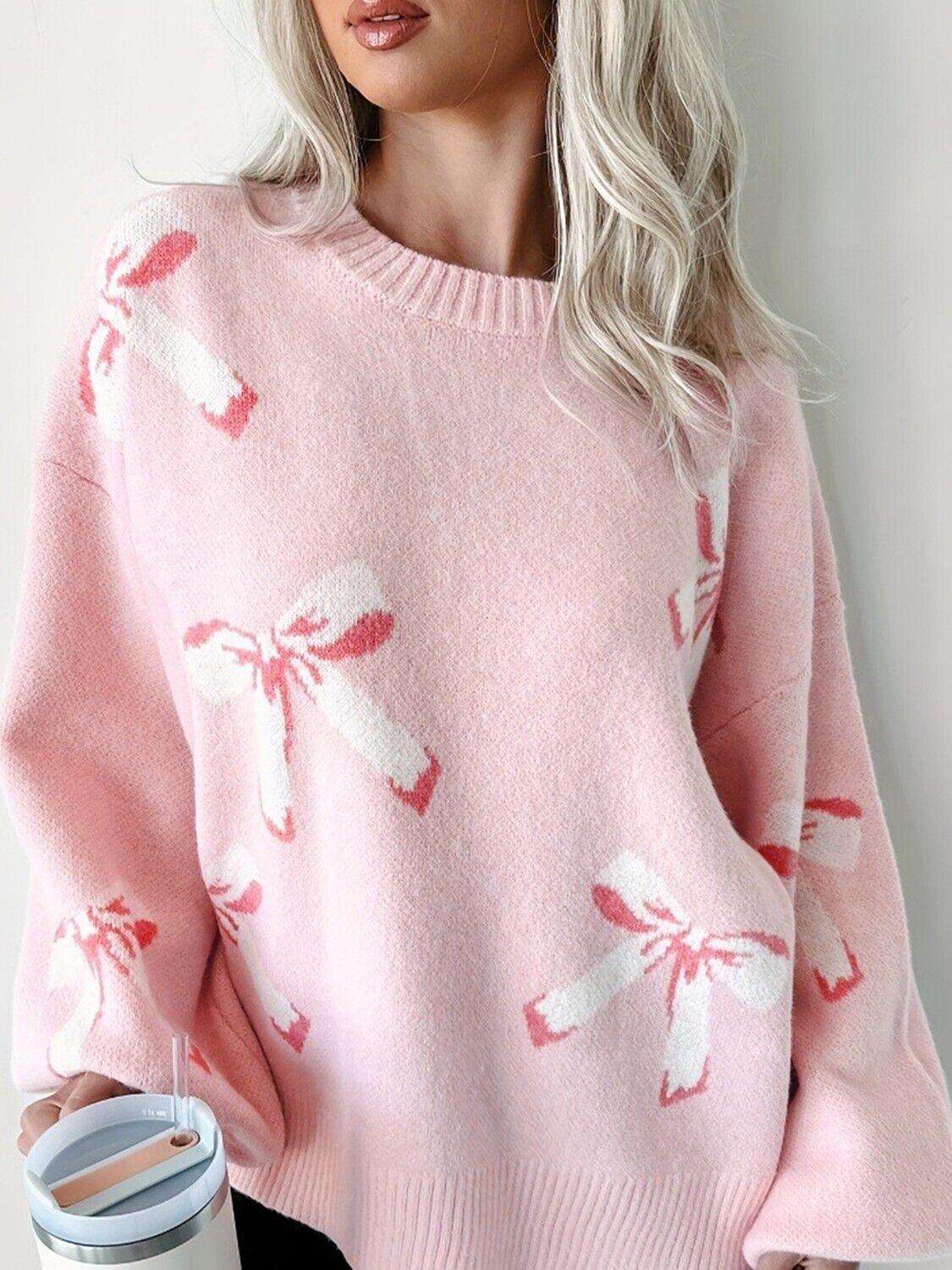 Bow Sweater Women Round Neck Long Sleeve Soft Knit Casual Oversized Pullover