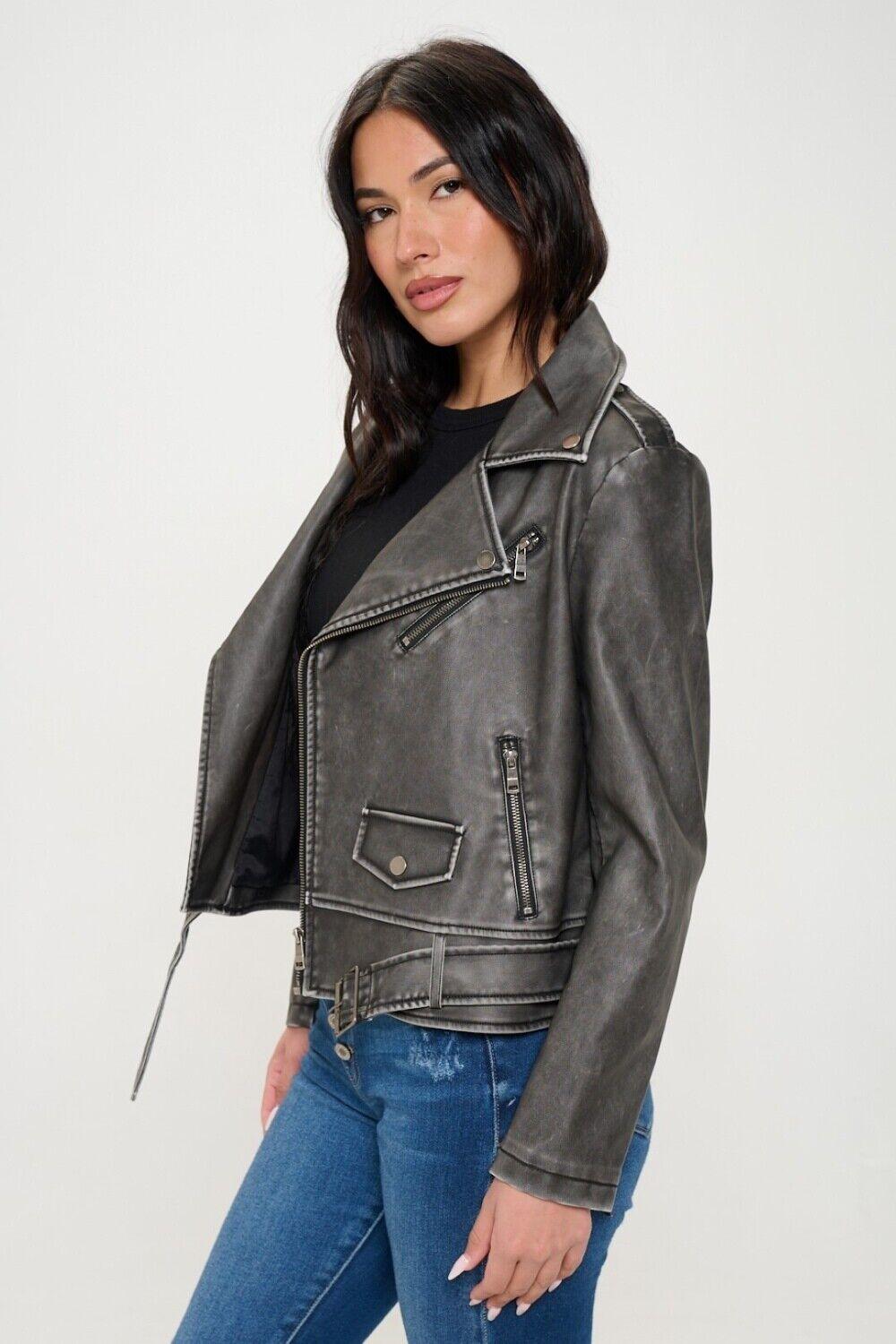 Coalition LA 100% Vegan Leather Black Zip Up Biker Jacket Pocketed with Belt 57_892bf044-70f9-420b-bb2f-66560e729837 STYLEINGER