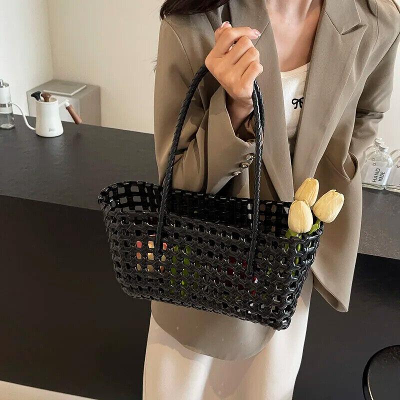 Woven Plaid Tote Basket Women Handbags PVC Open Double Handles Shopper Bags