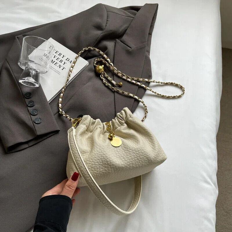 Mini Bucket Drawstring Bags Chain Strap Tassel Women's Soft Leather Crossbody Beige 57_8b15d6fc-9641-4f6a-b914-92c7bb1ac3b8 STYLEINGER
