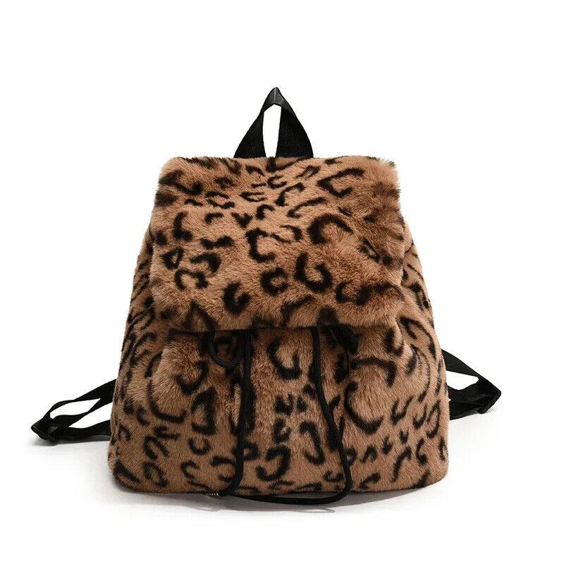 Faux Fur Small Leopard Backpacks Women's Flap Drawstring Soft Solid Shoulder Bag