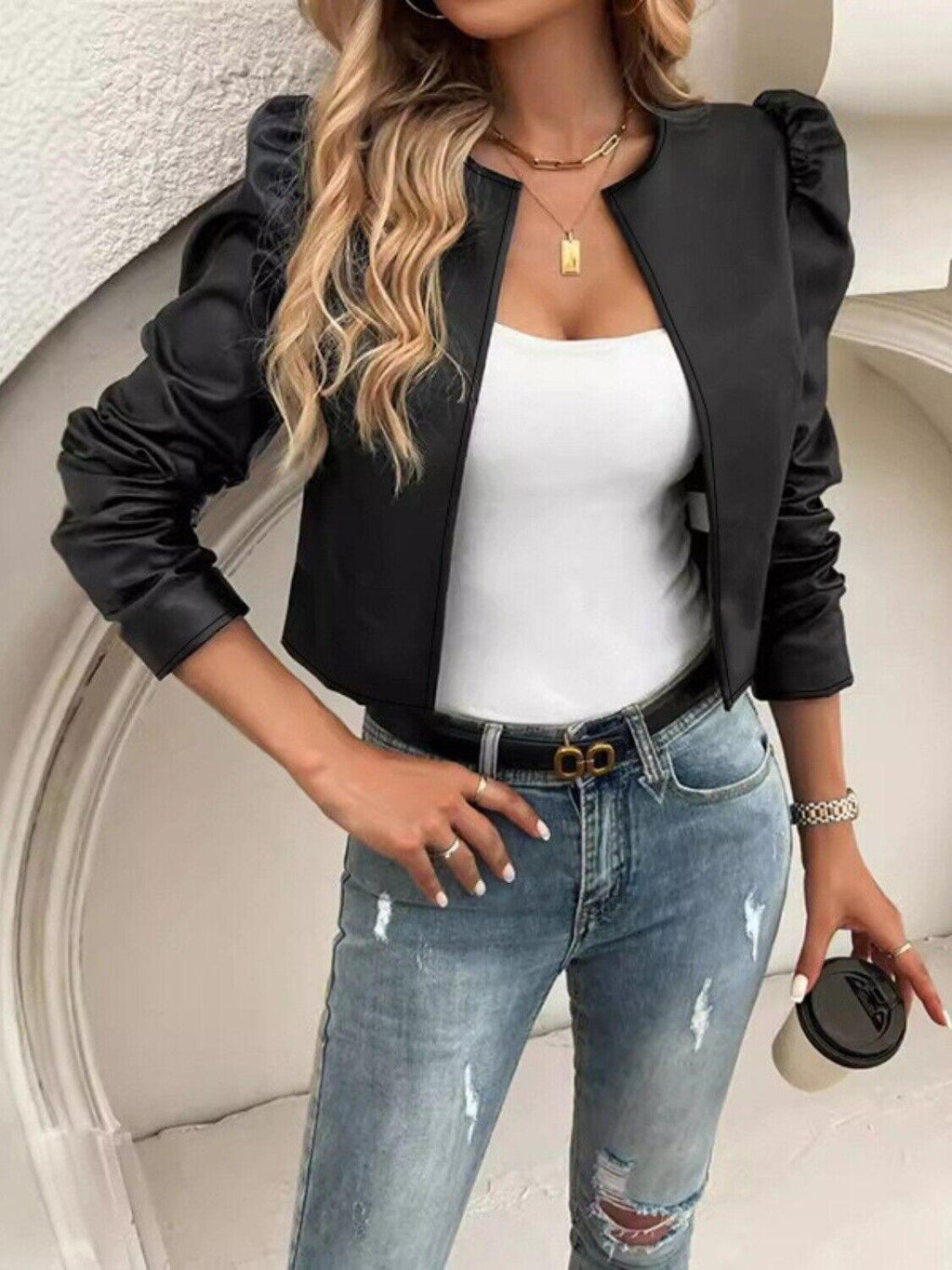 Faux Leather Cropped Jacket Open Front Puff Long Sleeve Women's Outwear Black 57_8d0b7c34-657e-46bd-be66-5b6339271b9b STYLEINGER