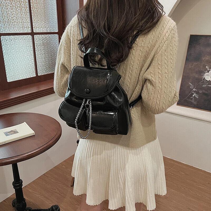 Small Backpacks Chain Drawstring Flap Leather Women's Outer Flap Pockets Bags