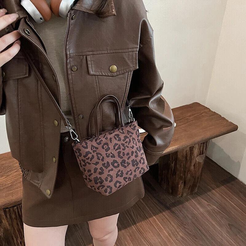 Leopard Mini Crossbody Handbags Soft Sued Leather Zipper Tote Women Square Purse