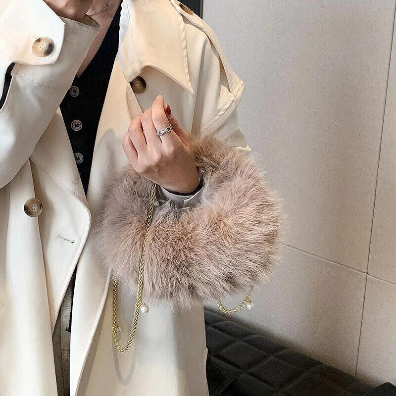 Faux Fur Crossbody Bags Women's Soft Chain Strap Snap Short Wrist Handle Purses