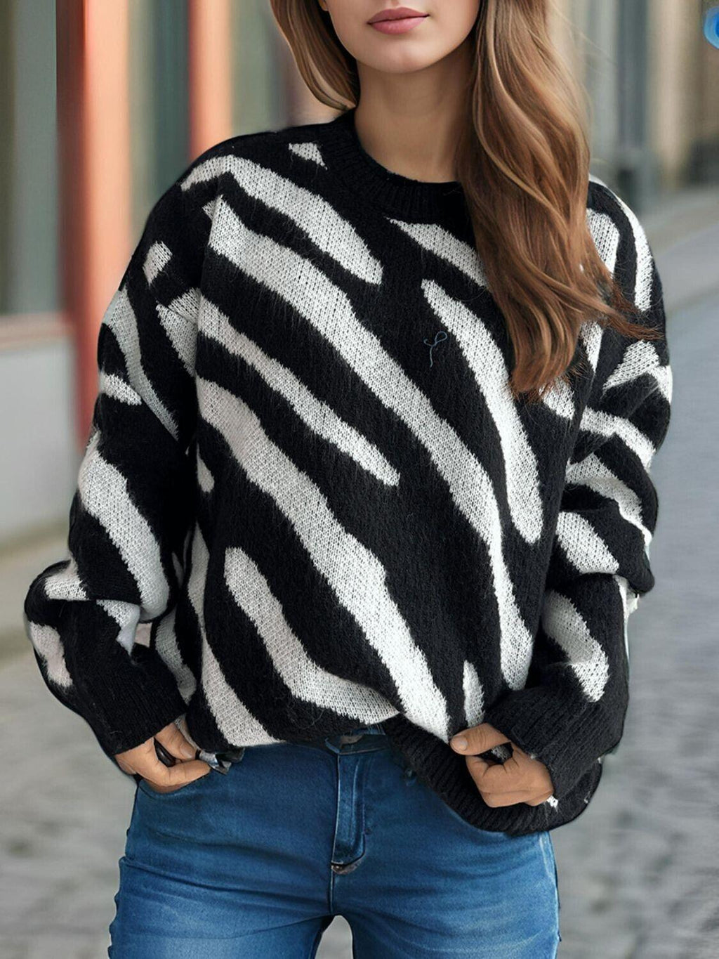 Women Knit Sweater Zebra Contrast Pattern Round Neck Long Sleeve Pullover Black One Size 57_90f576c5-421c-4724-a8d1-ca25fefc3505 STYLEINGER