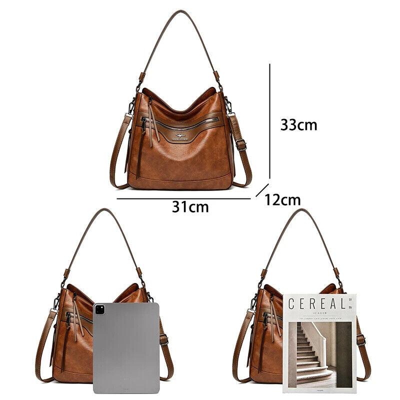 Women's Large Handbag Soft Leather Zipper Pockets Bucket Bags Purses