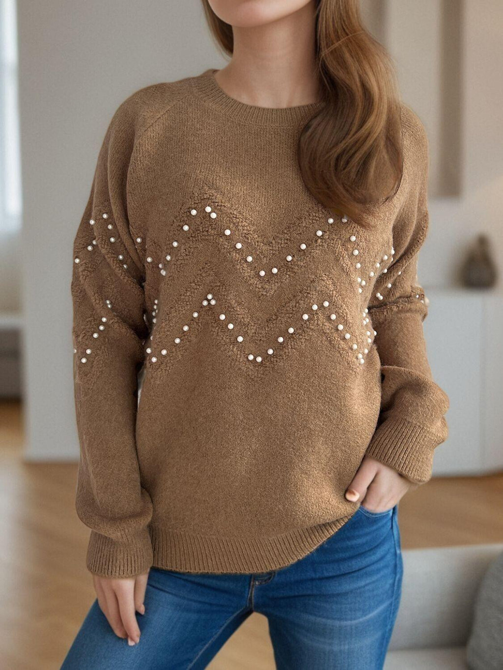 Women Pearl Beaded Sweater Geometric Pattern Round Neck Long Sleeve One Size Camel One Size 57_94aefedc-fb77-4b84-bb64-5c2a66361f3b STYLEINGER