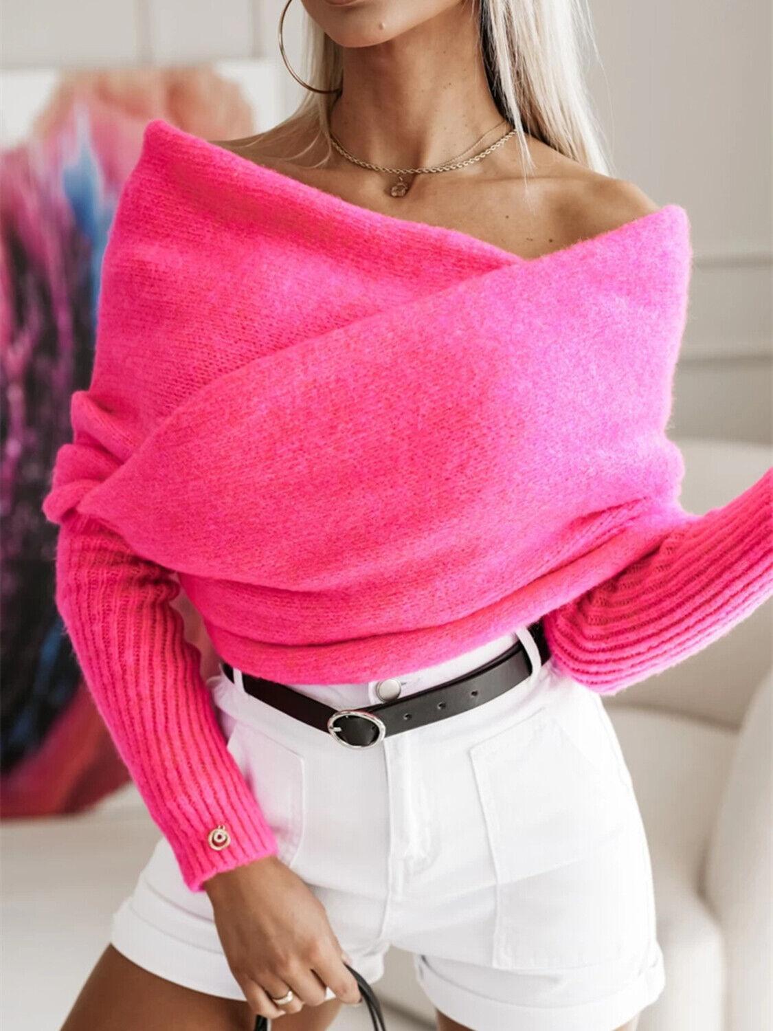 Cropped Knit Top Twist Off Shoulder Women's Long Sleeve Basic Style Knitwear Regular One Size Hot Pink 57_952d88b5-f6d3-4207-9908-8d37204176f4 STYLEINGER