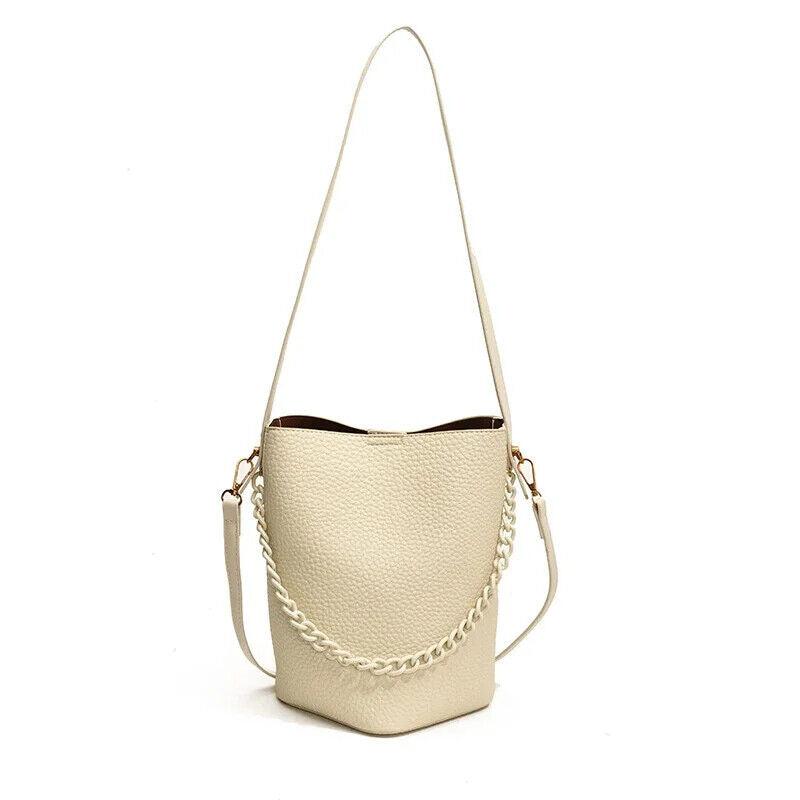Leather Bucket Bags Small 2 in 1 Snap and Zipper Women's Chain Handle Purses