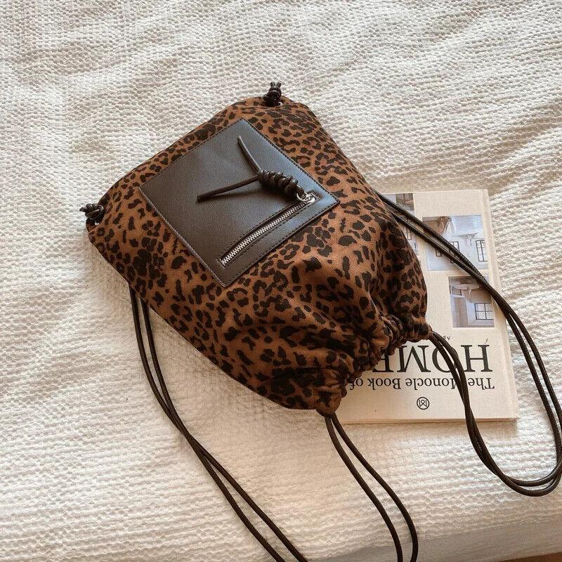 Nubuck Leather Leopard Backpacks Drawstring Large Soft Outer Zip Pocket Handbags