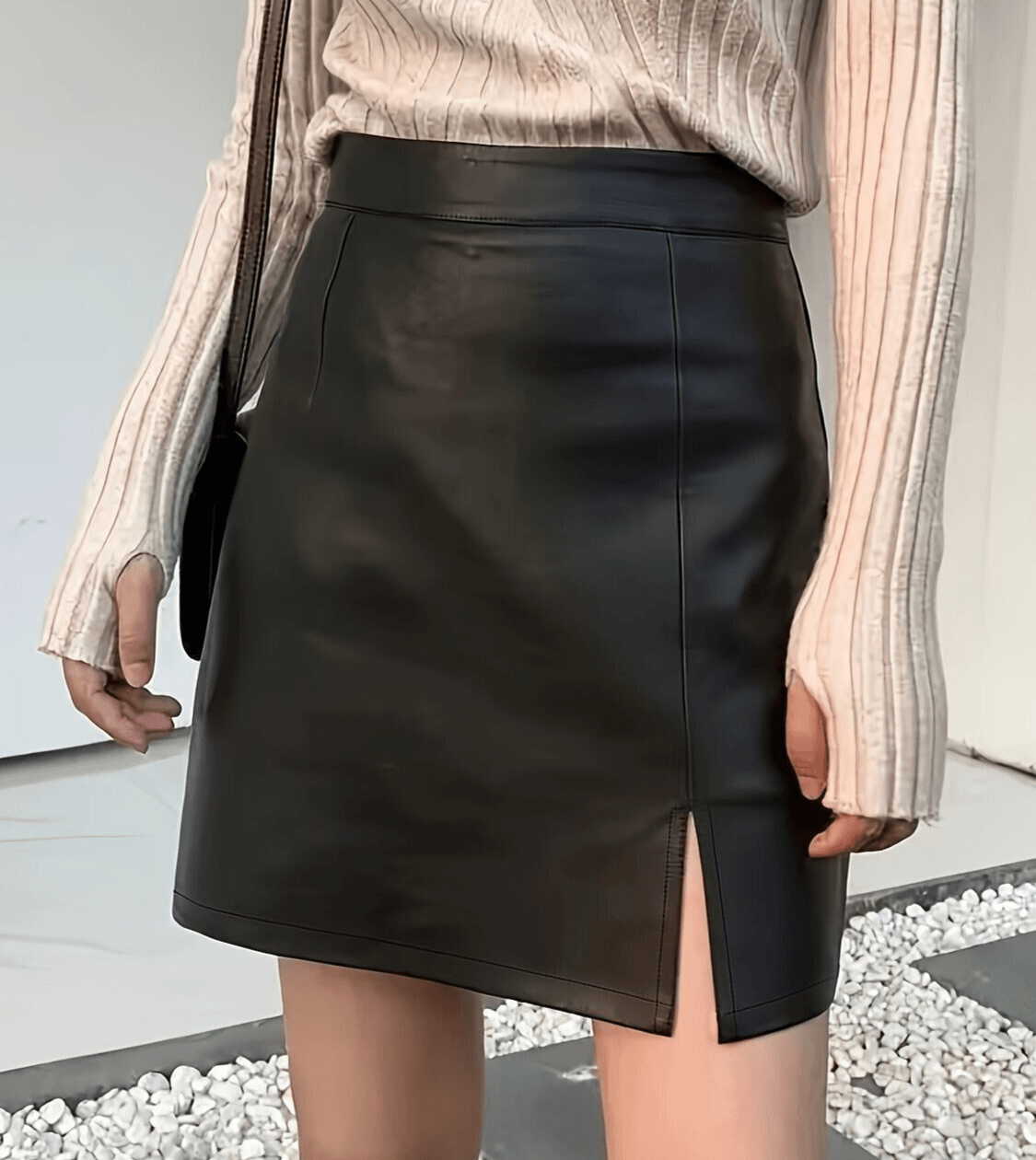 Leather Mini Skirt Black Front Slit A-Line Women's Fashionable Solid Short Skirt