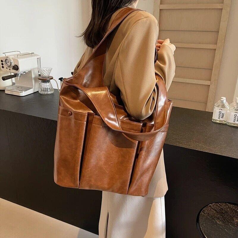 Large Leather Shoulder Bags 3 Outer Pleated Pockets Style Zipper Women Handbags