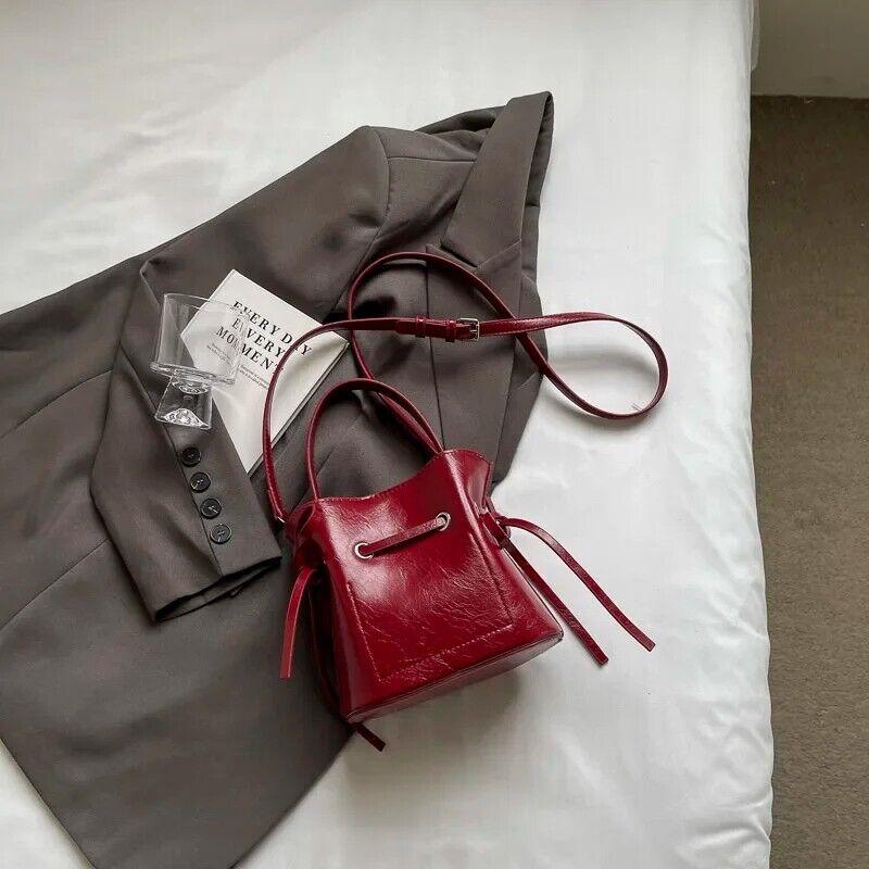 Mini Leather Bucket Bags Soft 2 in 1 Removable Pouch Drawstring Snap Crossbody Burgundy