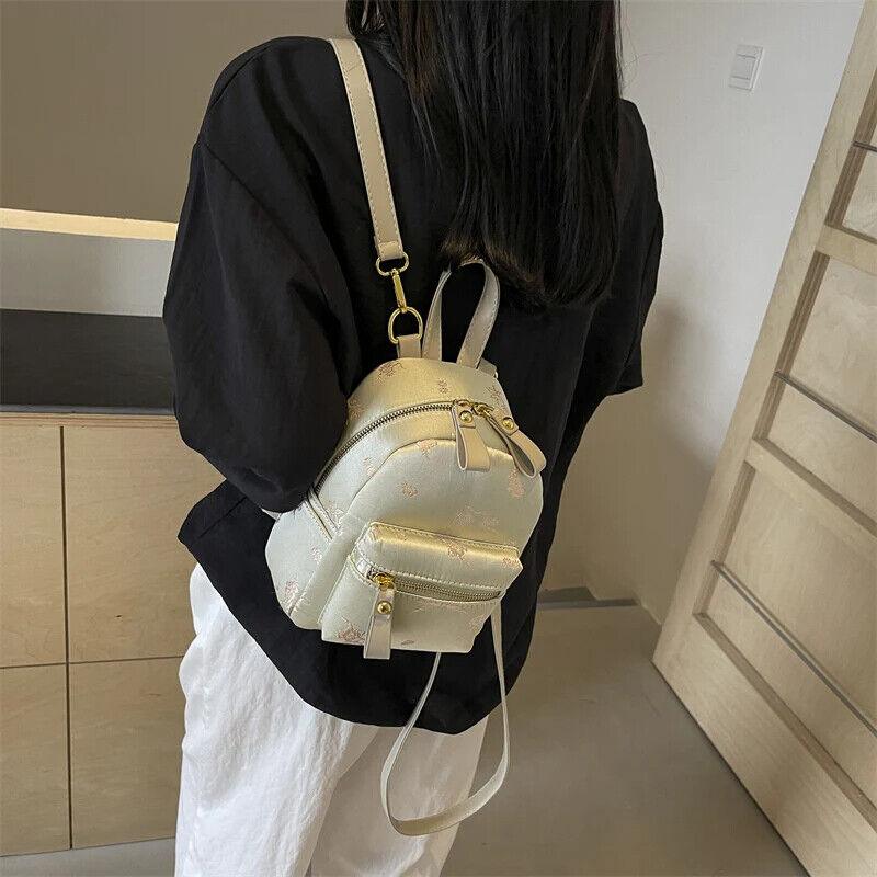 Backpack Mini Floral Embroidered Fabric Zipper Short Handle Outer Pocket Handbag