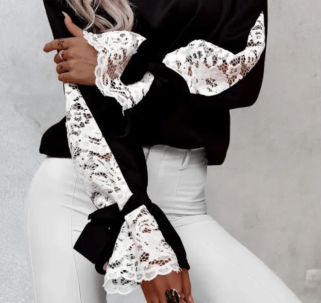 Black Sweatshirt Lace Floral Detail Tied Cuff Long Sleeve Women Fashionable Top