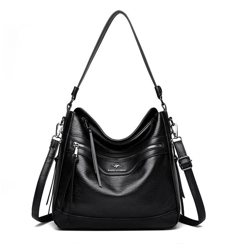 Women's Large Handbag Soft Leather Zipper Pockets Bucket Bags Purses Black