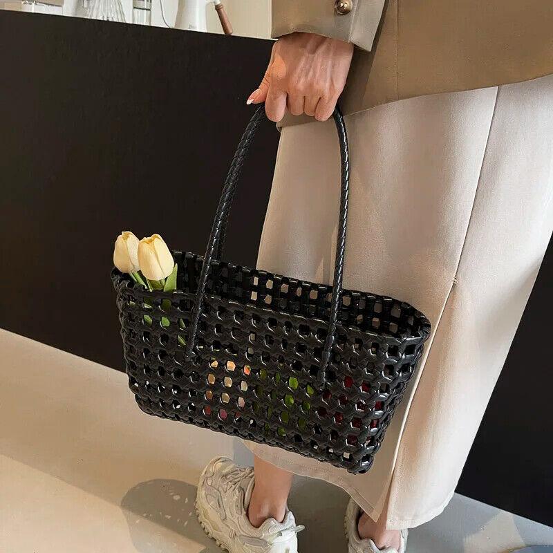 Woven Plaid Tote Basket Women Handbags PVC Open Double Handles Shopper Bags