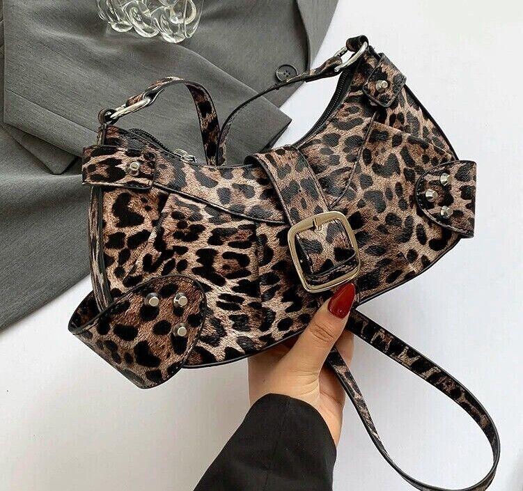 Leopard Crossbody Bags Medium Women Zipper Belt Buckle Rivet Zipper Handbags