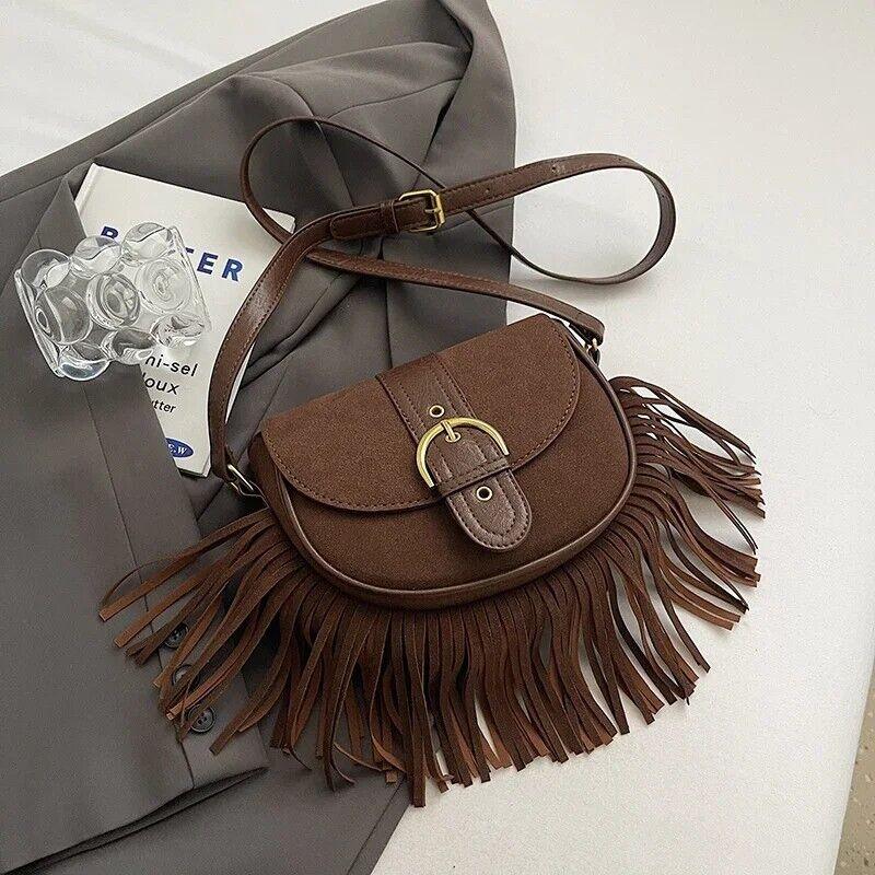 Mini Tassel Saddle Bags Nubuck Leather Flap Belt Buckle Style Women's Crossbody Dark Brown 57_9d23d2aa-1757-4f57-8215-2be2fe1694cc STYLEINGER