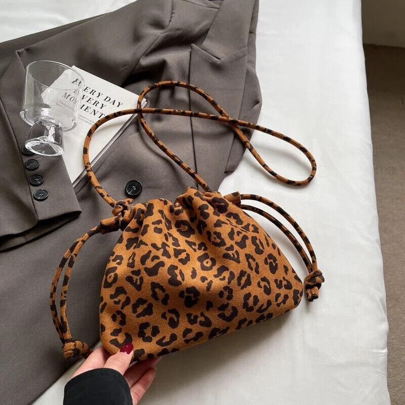 Nubuck Leather Leopard Crossbody Bags Small Drawstring Solid Soft Purses