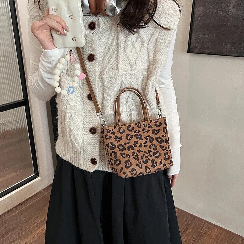 Leopard Mini Crossbody Handbags Soft Sued Leather Zipper Tote Women Square Purse