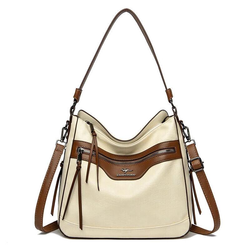 Women's Large Handbag Soft Leather Zipper Pockets Bucket Bags Purses White
