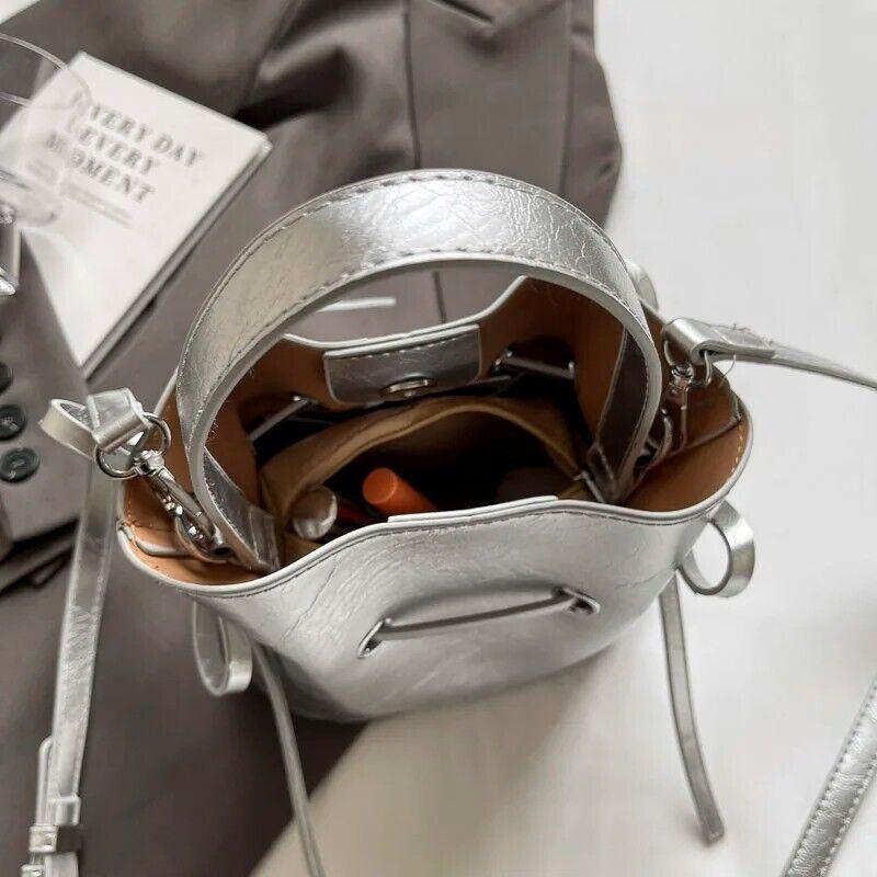 Mini Leather Bucket Bags Soft 2 in 1 Removable Pouch Drawstring Snap Crossbody