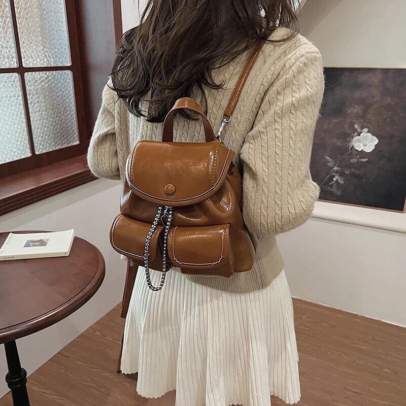 Small Backpacks Chain Drawstring Flap Leather Women's Outer Flap Pockets Bags