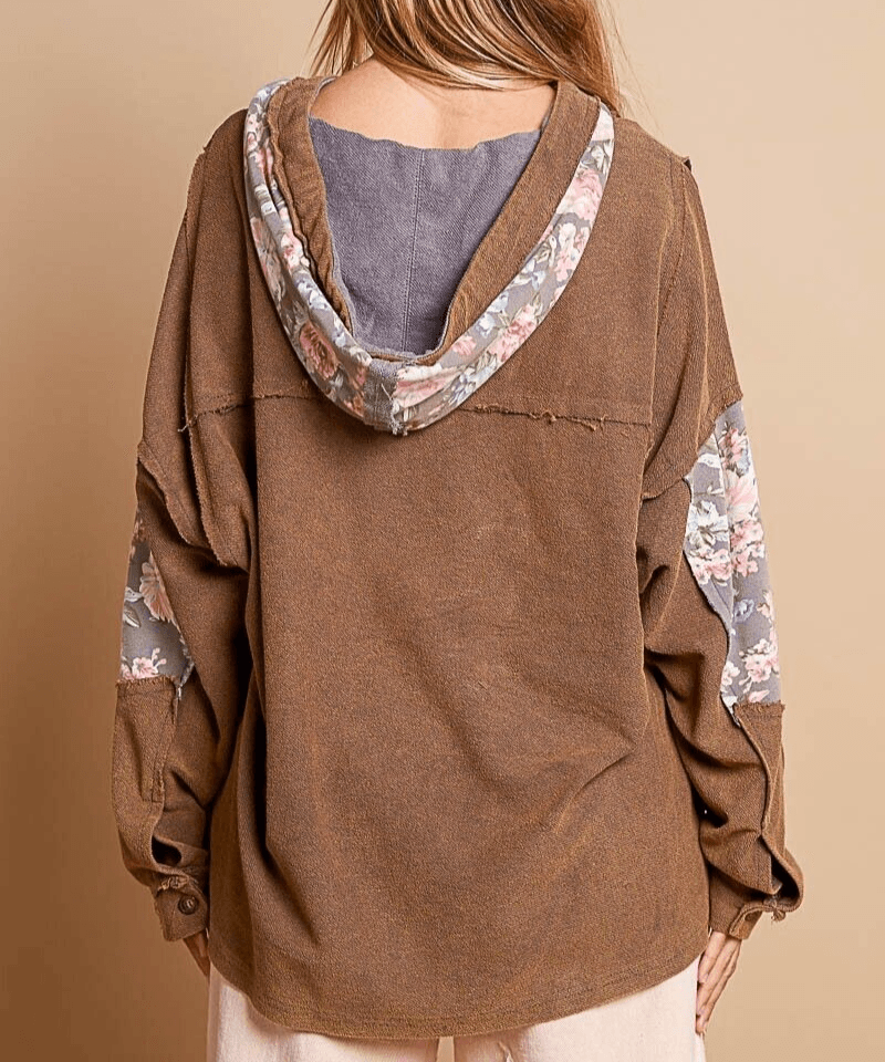 POL 100% Cotton Hoodie USA Stock Women Floral Star Patchwork Brown Raw Edge Top