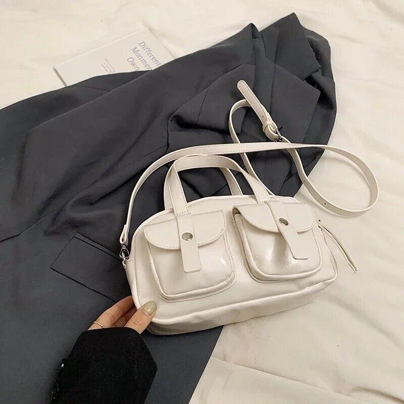 Small Leather Handbags Women Zipper Double Flap Outer Pockets Crossbody Bags