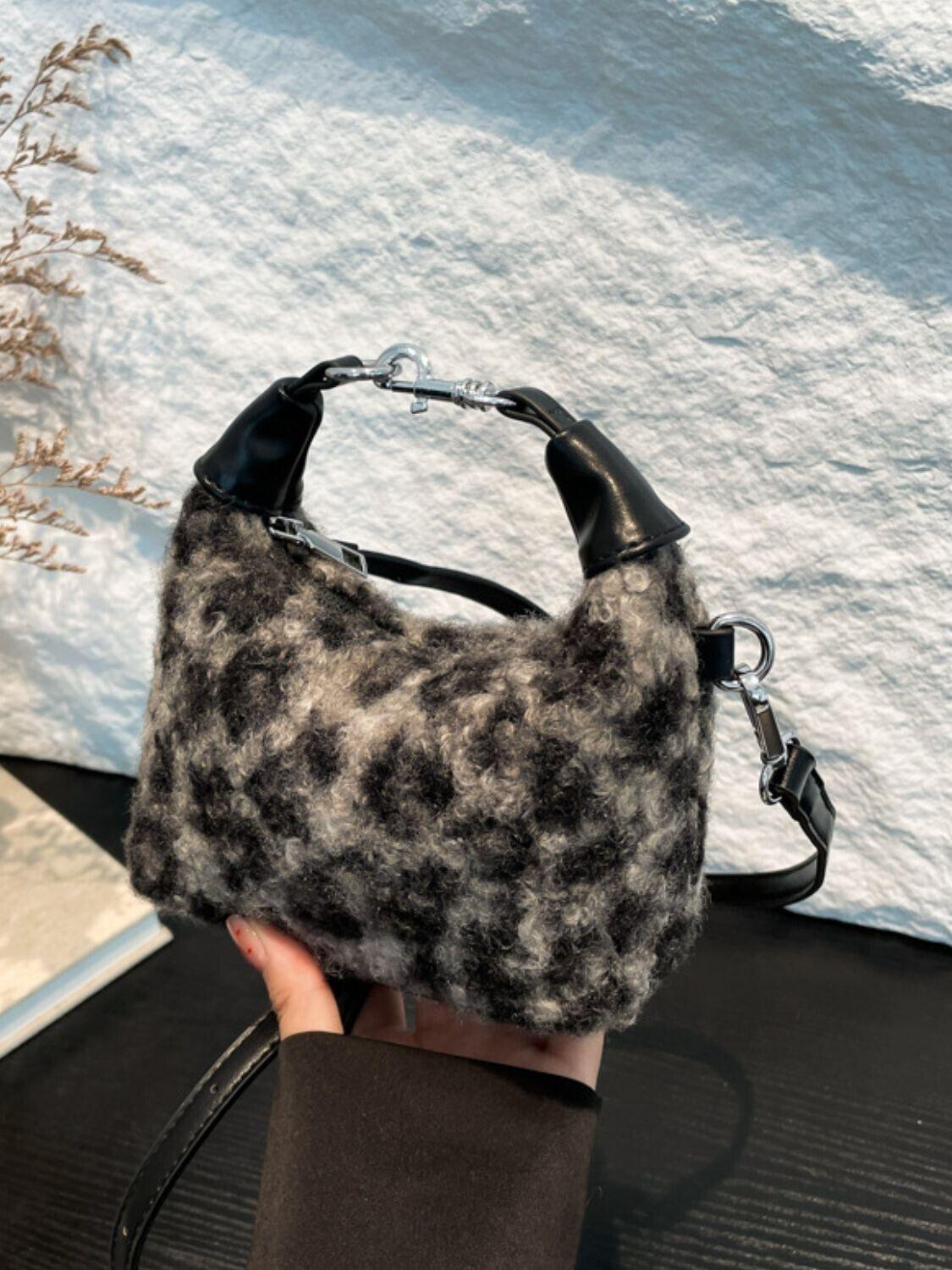 Mini Plaid Handbag Fuzzy Polyester Lock Handle Zipper Crossbody Black 57_a501e7d1-8cb8-4069-a53a-49e15c5c9c5a STYLEINGER