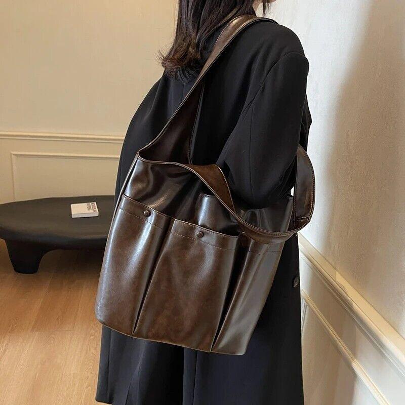 Large Leather Shoulder Bags 3 Outer Pleated Pockets Style Zipper Women Handbags