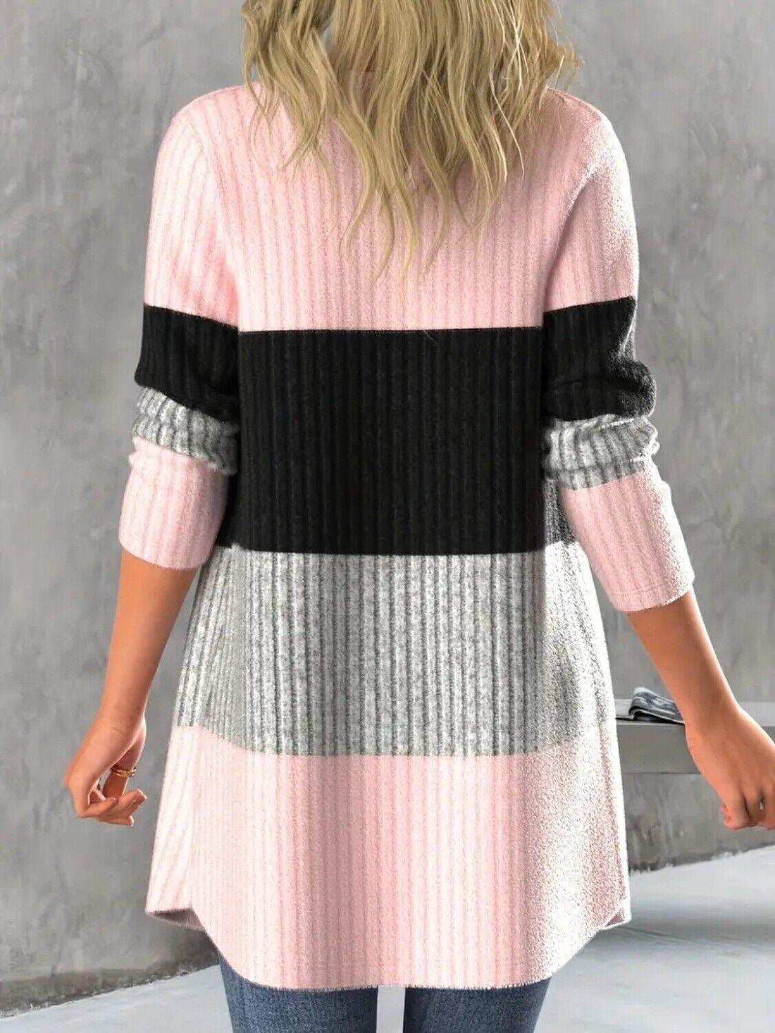 Striped Cardigan Color Block Open Front Long Sleeve Women's Knit Sweater