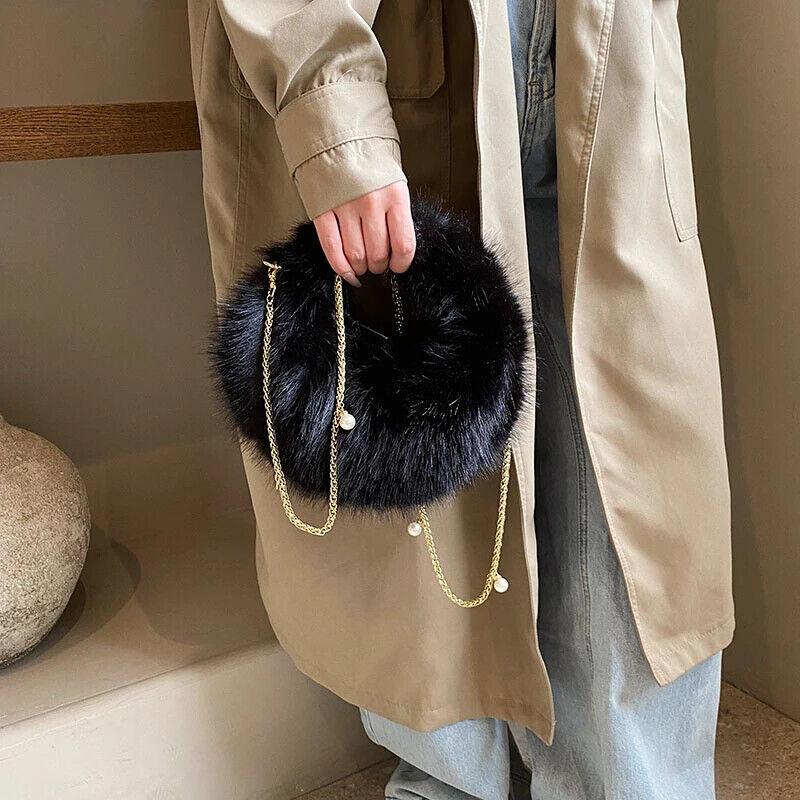 Faux Fur Crossbody Bags Women's Soft Chain Strap Snap Short Wrist Handle Purses