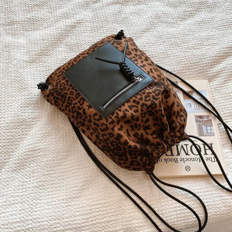 Nubuck Leather Leopard Backpacks Drawstring Large Soft Outer Zip Pocket Handbags