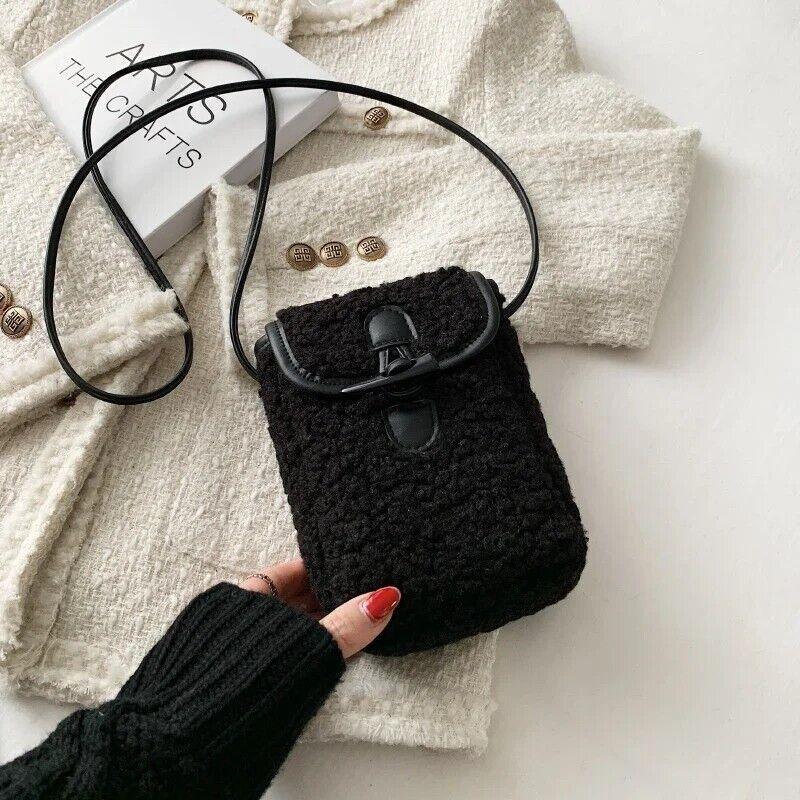 Mini Soft Lamb Down Fabric Plush Women's Toggle Flap Crossbody Phone Purses Black #1