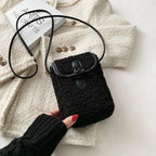 Mini Soft Lamb Down Fabric Plush Women's Toggle Flap Crossbody Phone Purses Black #1