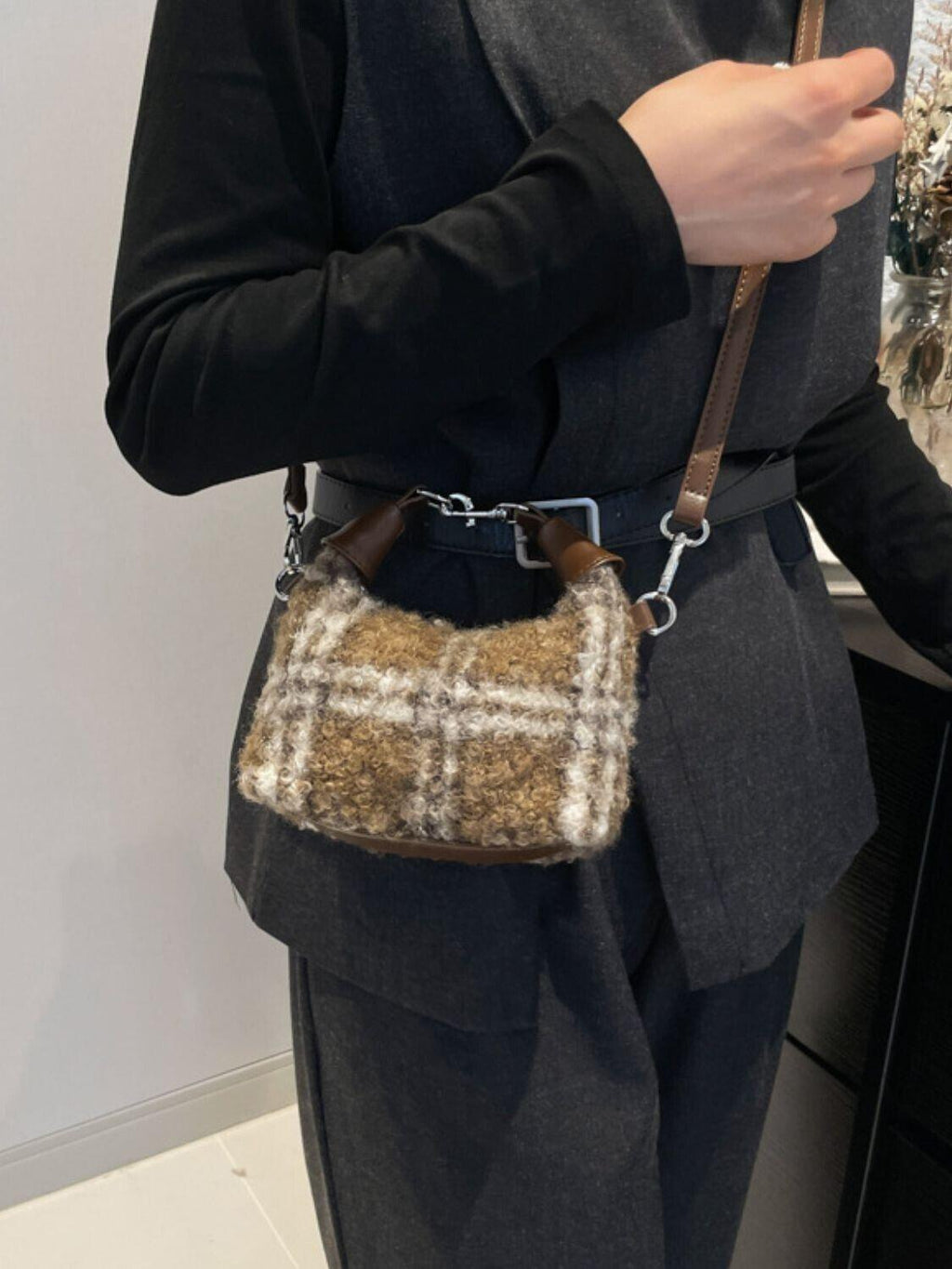 Mini Plaid Handbag Fuzzy Polyester Lock Handle Zipper Crossbody 57_aad19686-34de-4bef-b8d2-fe1346ba4ec4 STYLEINGER