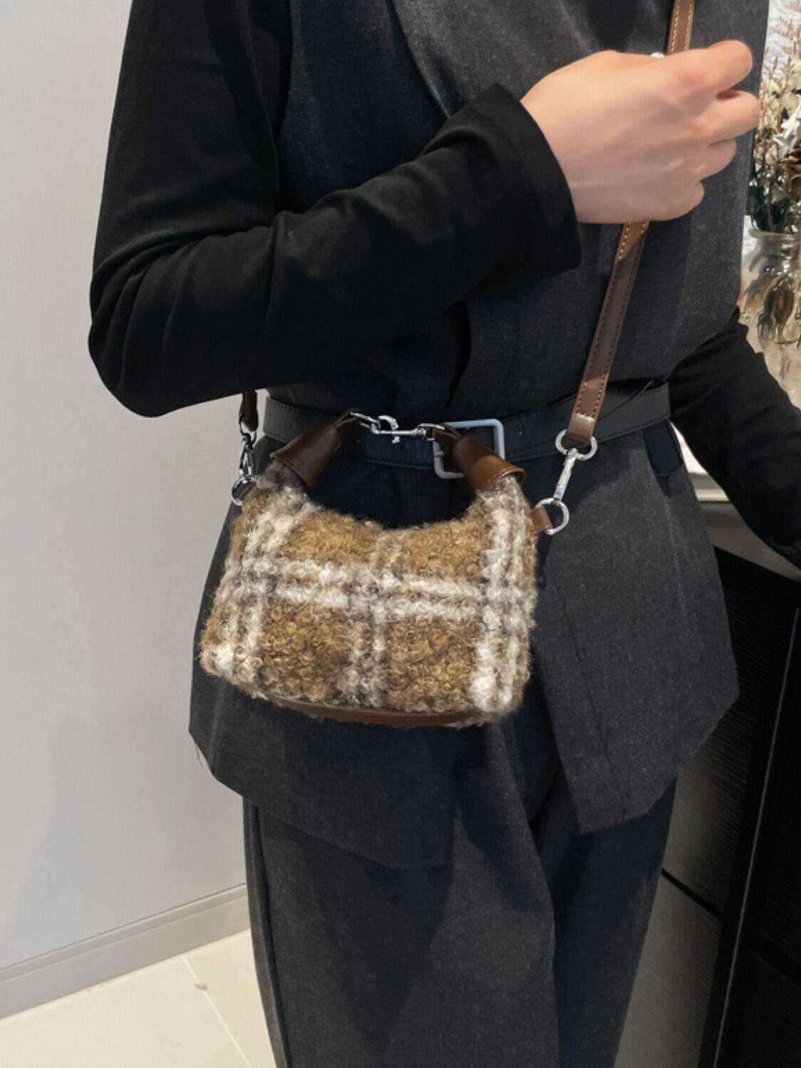 Mini Plaid Handbag Fuzzy Polyester Lock Handle Zipper Crossbody 57_aad19686-34de-4bef-b8d2-fe1346ba4ec4 STYLEINGER